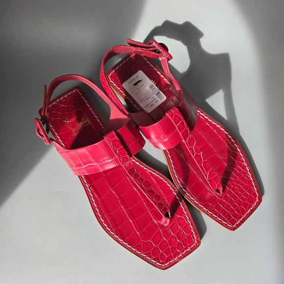 Christian Louboutin | Cubongo flat leather sandals | Savannahs Christian Louboutin Cubongo Croc Embossed Flat Sandals Persan Red 37
